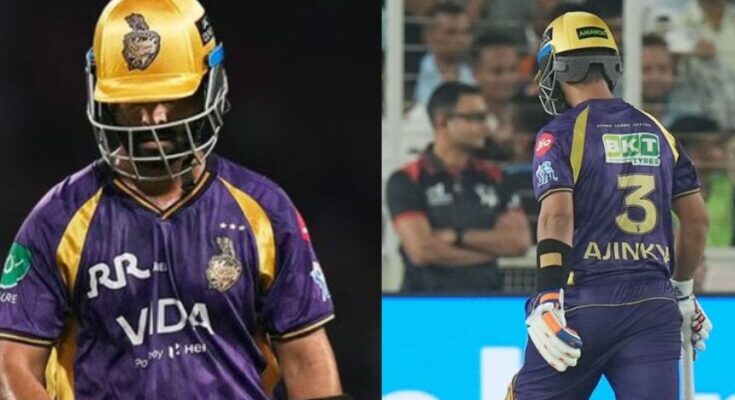 कोलकाता नाइट राइडर्स के कप्तान अजिंक्य रहाणे निराश होकर पवेलियन लौटते हुए