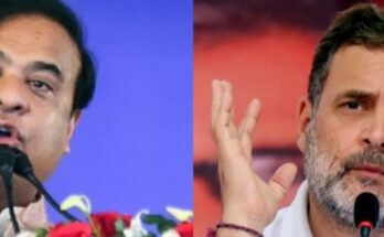 A conceptual image highlighting Assam Politics, showing a split screen with Rahul Gandhi addressing the media and Assam CM Himanta Biswa Sarma, representing the recent political clash and allegations.