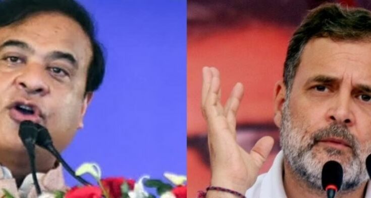A conceptual image highlighting Assam Politics, showing a split screen with Rahul Gandhi addressing the media and Assam CM Himanta Biswa Sarma, representing the recent political clash and allegations.