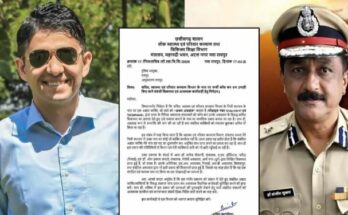 A conceptual image showing a fraudster making a phone call, overlaid with a hospital building and a police warning, representing the CG health department fraud in Raipur.