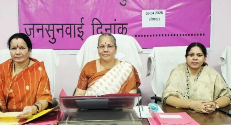 A conceptual image highlighting the CG Mahila Ayog Hearing, showing Dr. Kiranmayi Nayak addressing the commission, alongside symbolic representations of justice, the police department, and Bhilai Steel Plant.