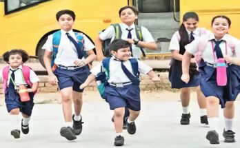 A conceptual image highlighting the CG School Timing Change, showing a school building under a bright sun with a clock indicating the new morning shift timing of 7:30 AM.