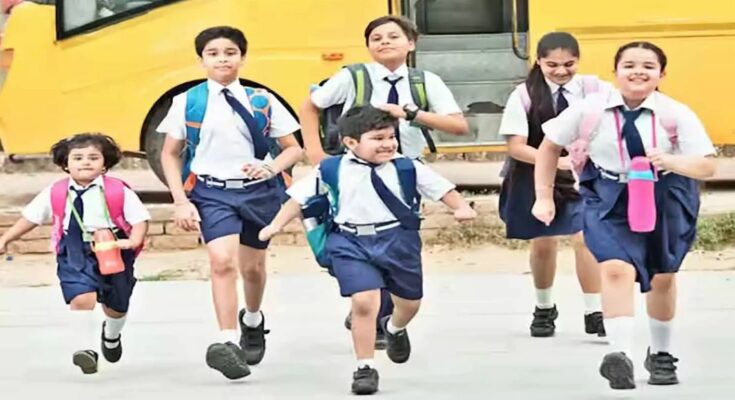 A conceptual image highlighting the CG School Timing Change, showing a school building under a bright sun with a clock indicating the new morning shift timing of 7:30 AM.