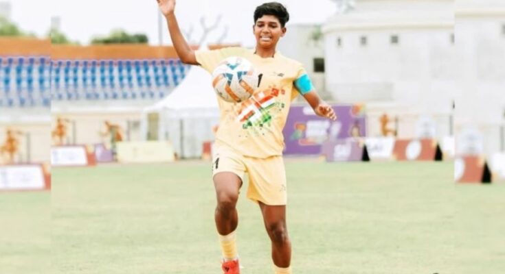 A conceptual image highlighting the inspiring journey of CG star footballer Kiran Pisda, from playing in local tribal games to representing international clubs in Europe.