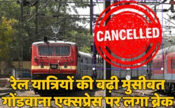 A conceptual image highlighting the CG Train Cancelled News, showing a cancelled stamp over an Indian Railways passenger train and a list of disrupted schedules.