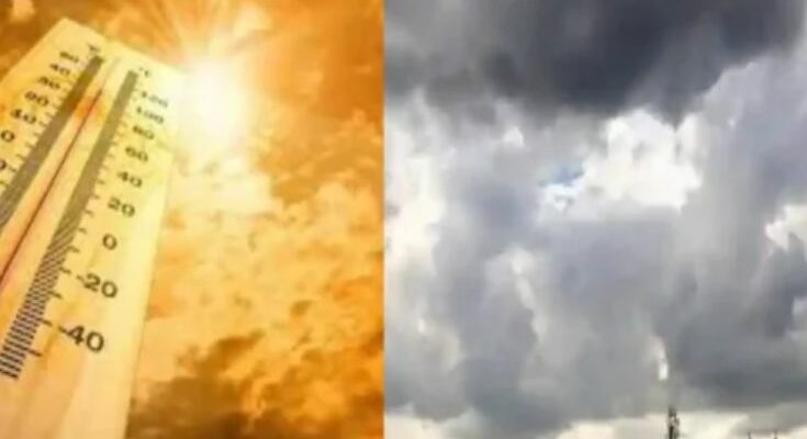 A conceptual image highlighting the CG Weather Update, showing dark storm clouds over a city landscape representing Raipur and Bilaspur, with a lightning strike and a weather alert icon.