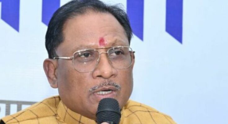 A conceptual image showing incomplete hospital building construction and a cancelled stamp representing the CGMSC Tender Crisis in Chhattisgarh.