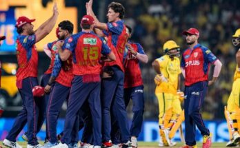 A conceptual image showing Punjab Kings captain Shreyas Iyer playing a shot, with a scoreboard in the background highlighting their victory in the CSK vs PBKS IPL 2026 match.