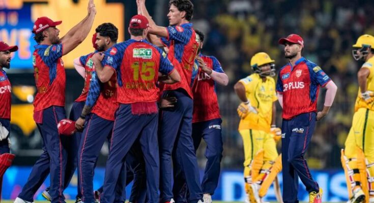 A conceptual image showing Punjab Kings captain Shreyas Iyer playing a shot, with a scoreboard in the background highlighting their victory in the CSK vs PBKS IPL 2026 match.