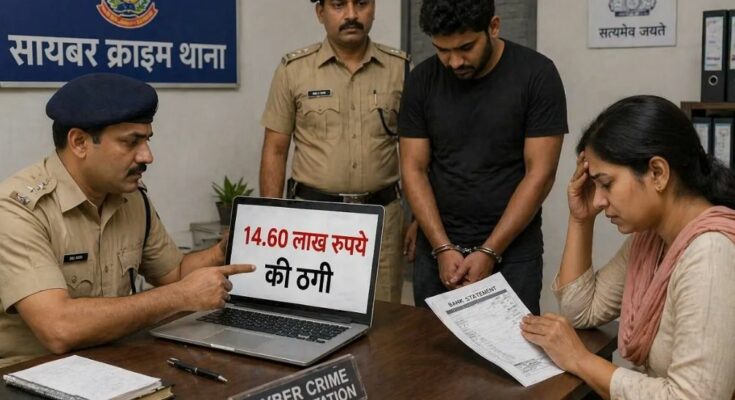 एक परेशान महिला फोन पर बात करते हुए और बैकग्राउंड में एक लैपटॉप स्क्रीन पर हैकर का प्रतीक चिह्न