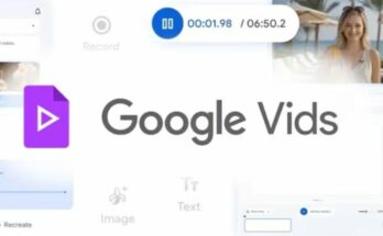 A conceptual image highlighting the Google Vids Update, showing a computer screen with the Veo 3.1 interface, an AI Avatar, and a video being generated from a text prompt.