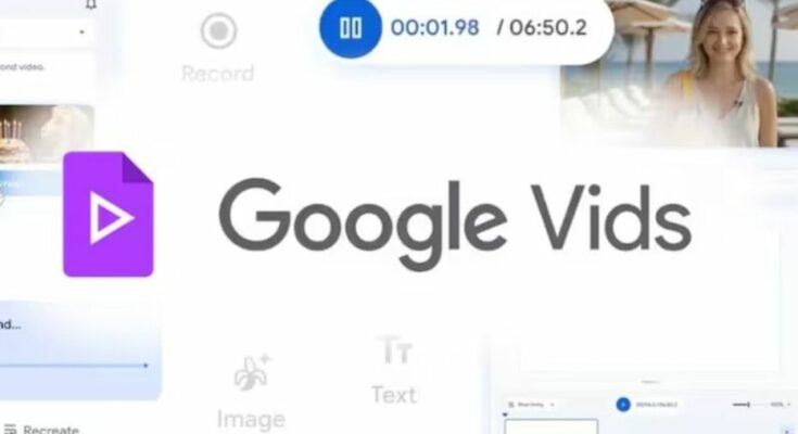A conceptual image highlighting the Google Vids Update, showing a computer screen with the Veo 3.1 interface, an AI Avatar, and a video being generated from a text prompt.