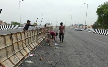 A conceptual image showing a newly built wide six-lane flyover in Gorakhpur city, Uttar Pradesh, highlighting the upcoming opening and relief from traffic jams.