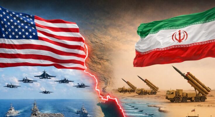 A conceptual image highlighting the Iran-US Conflict, showing an American fighter jet in distress and a military search operation with a bounty concept.