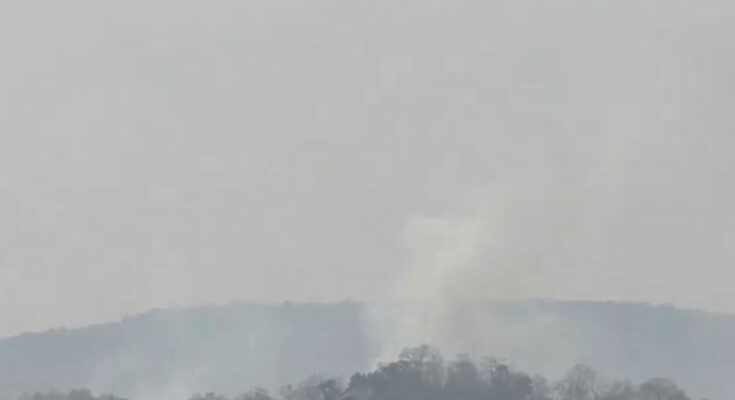 जशपुर के जंगल में जलते हुए पत्ते और धुआं, जिस पर लाल रंग से फेक न्यूज़ लिखा हुआ है