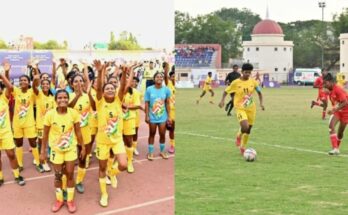 A conceptual image showing the Chhattisgarh women's football team celebrating their gold medal victory at the Khelo India Tribal Games in Raipur.