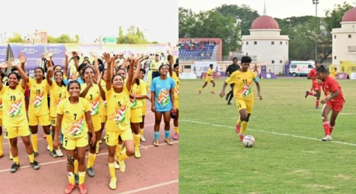 A conceptual image showing the Chhattisgarh women's football team celebrating their gold medal victory at the Khelo India Tribal Games in Raipur.