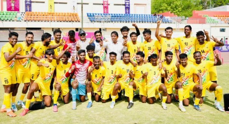 A conceptual image showing the closing ceremony and medal tally of the Khelo India Tribal Games, highlighting Karnataka as the champion and celebrating Chhattisgarh's tribal athletes.
