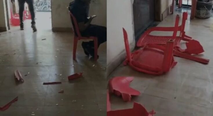 A conceptual image showing the Congress party symbol and the Mahasamund district office, highlighting the recent internal clash and scuffle between local political leaders.