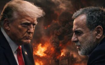 A conceptual image highlighting the Middle East War, showing the flags of the USA and Iran divided by a cracked surface, with a rejected peace treaty document in the foreground.