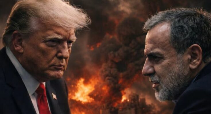 A conceptual image highlighting the Middle East War, showing the flags of the USA and Iran divided by a cracked surface, with a rejected peace treaty document in the foreground.