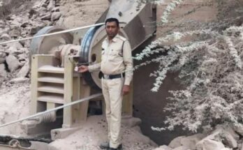 A conceptual image highlighting the Mining Department Action, showing officials inspecting a stone crusher site and a sealed notice board representing strict government action against illegal mining.