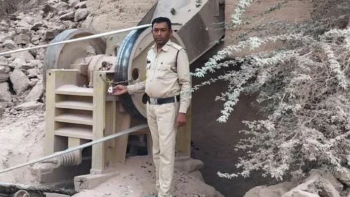 A conceptual image highlighting the Mining Department Action, showing officials inspecting a stone crusher site and a sealed notice board representing strict government action against illegal mining.