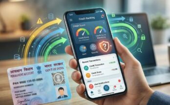 A conceptual image highlighting the PAN Fraud Alert, showing a PAN card alongside a laptop screen displaying a credit score report and a red warning sign.