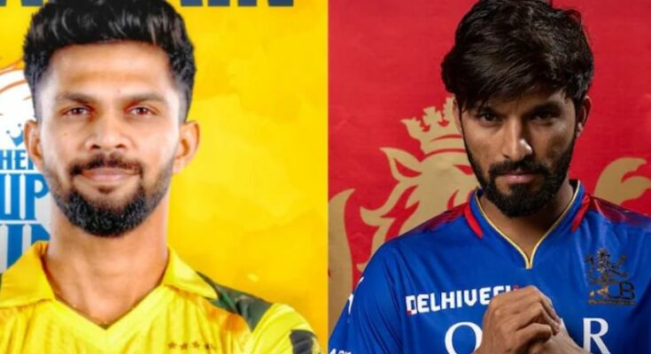 A conceptual image highlighting the RCB vs CSK IPL 2026 match, showing Royal Challengers Bengaluru players celebrating their victory against Chennai Super Kings at M Chinnaswamy Stadium.