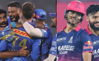 A conceptual image highlighting the RR vs MI IPL 2026 match, showing the wet outfield of Barsapara Stadium in Guwahati with covers on the pitch and heavy rain falling.