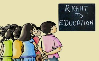 A conceptual image highlighting RTE Admission, showing a balanced scale of justice weighing a student's book and a school building, symbolizing the Chhattisgarh government's strict warning to private schools.