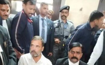 इलाहाबाद हाईकोर्ट की इमारत और चिंतित मुद्रा में राहुल गांधी का एक प्रतीकात्मक चित्र