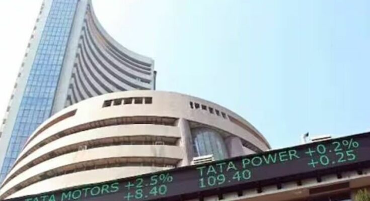 A conceptual image highlighting Share Market Prediction, showing a stock market graph fluctuating with symbols of global factors like oil barrels and a bull and bear.