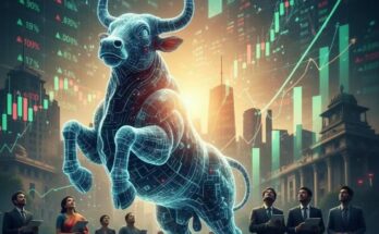 हरे और लाल रंग के तीरों के साथ शेयर बाजार के ग्राफ का डिजिटल चित्र और पीछे एक ट्रेडर की प्रोफाइल