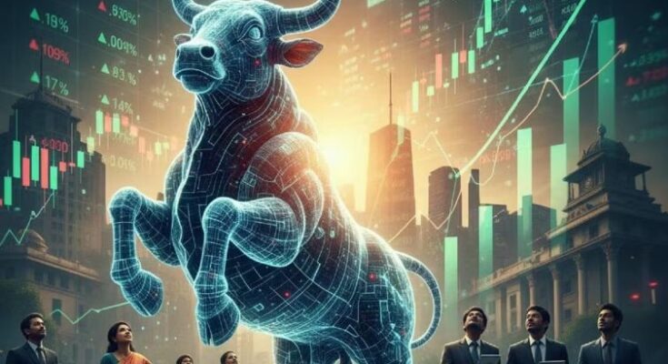 हरे और लाल रंग के तीरों के साथ शेयर बाजार के ग्राफ का डिजिटल चित्र और पीछे एक ट्रेडर की प्रोफाइल