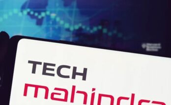 टेक महिंद्रा कंपनी का लोगो और शेयर बाजार में तेजी दर्शाता हुआ हरे रंग का एक ग्राफिकल तीर