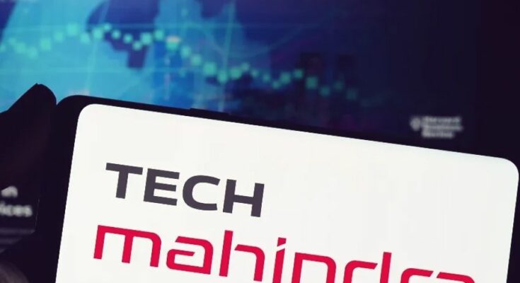 टेक महिंद्रा कंपनी का लोगो और शेयर बाजार में तेजी दर्शाता हुआ हरे रंग का एक ग्राफिकल तीर