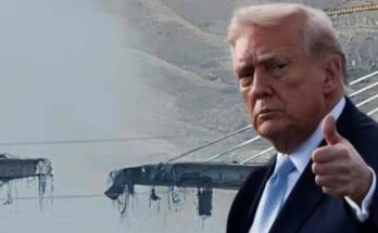 A conceptual image showing the destroyed B1 bridge in Iran and a stern visual of US President Donald Trump, highlighting the intense US-Iran conflict and recent warnings.