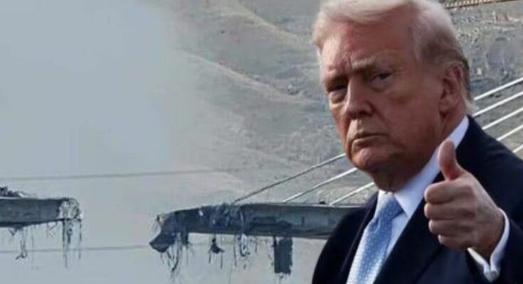 A conceptual image showing the destroyed B1 bridge in Iran and a stern visual of US President Donald Trump, highlighting the intense US-Iran conflict and recent warnings.