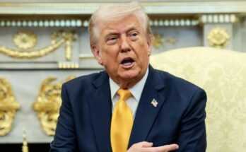 A conceptual image highlighting the US-Iran Crisis, showing US President Donald Trump giving a stern warning alongside visuals of the Strait of Hormuz and industrial power plants.