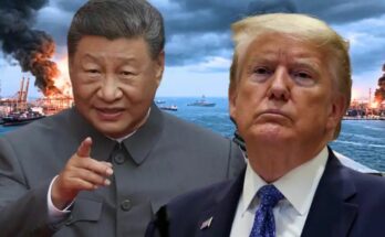 अमेरिकी नेवी के चॉपर से घिरे एक कार्गो जहाज का दृश्य और दूसरी तरफ राष्ट्रपति डोनाल्ड ट्रंप की एक चिंतित तस्वीर