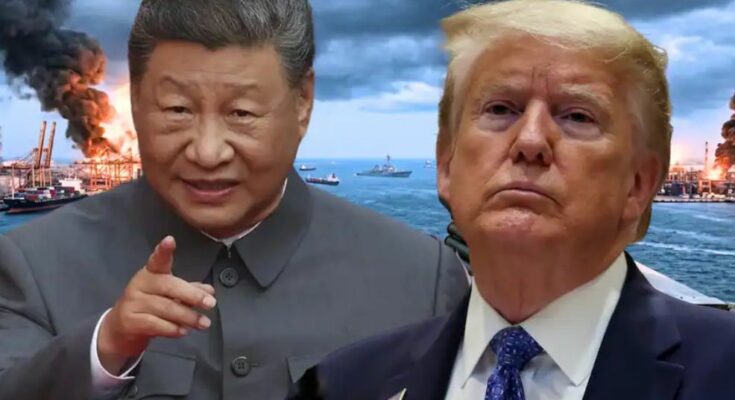 अमेरिकी नेवी के चॉपर से घिरे एक कार्गो जहाज का दृश्य और दूसरी तरफ राष्ट्रपति डोनाल्ड ट्रंप की एक चिंतित तस्वीर