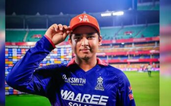 राजस्थान रॉयल्स के युवा बल्लेबाज वैभव सूर्यवंशी का मैदान पर शॉट मारते हुए चित्र