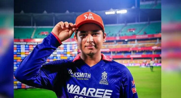 राजस्थान रॉयल्स के युवा बल्लेबाज वैभव सूर्यवंशी का मैदान पर शॉट मारते हुए चित्र