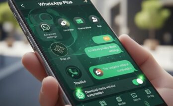 एक स्मार्टफोन जिस पर व्हाट्सऐप प्लस का प्रीमियम लोगो चमक रहा है और साथ में अलग-अलग रंगों के ऐप आइकॉन बने हुए हैं